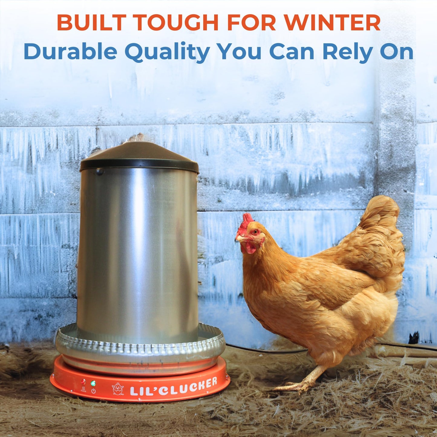 Lil'Clucker Heated Base for Chicken Waterer – Automatic Metal Freeze Proof Heated Chicken Waterer with Heater & LED – Poultry Heated Waterer for Winter (Orange, 11 Inch)