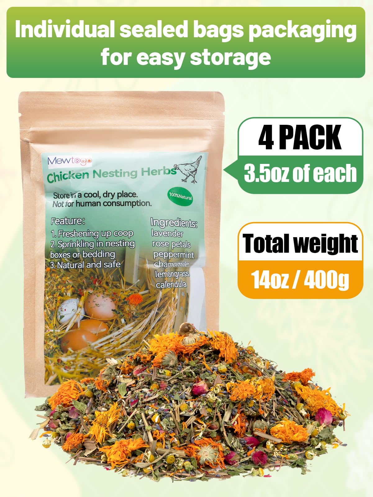 14 Oz Chicken Nesting Herbs - Natural Nesting Box Feed Herbs in 6 Dried Flower & Herbs for Freshening Bedding Chicken Coop Create Comfortable Environment
