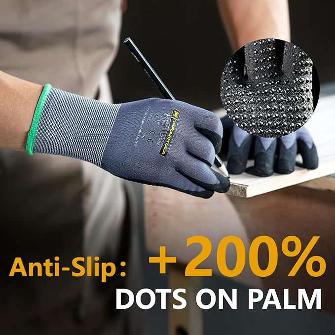 Tarantula Safety Work Gloves MicroFoam Nitrile Coated 12 Pairs,Endurance Seamless Knit Nylon,Dots on Palm,Dot Grip Gloves,Lagre