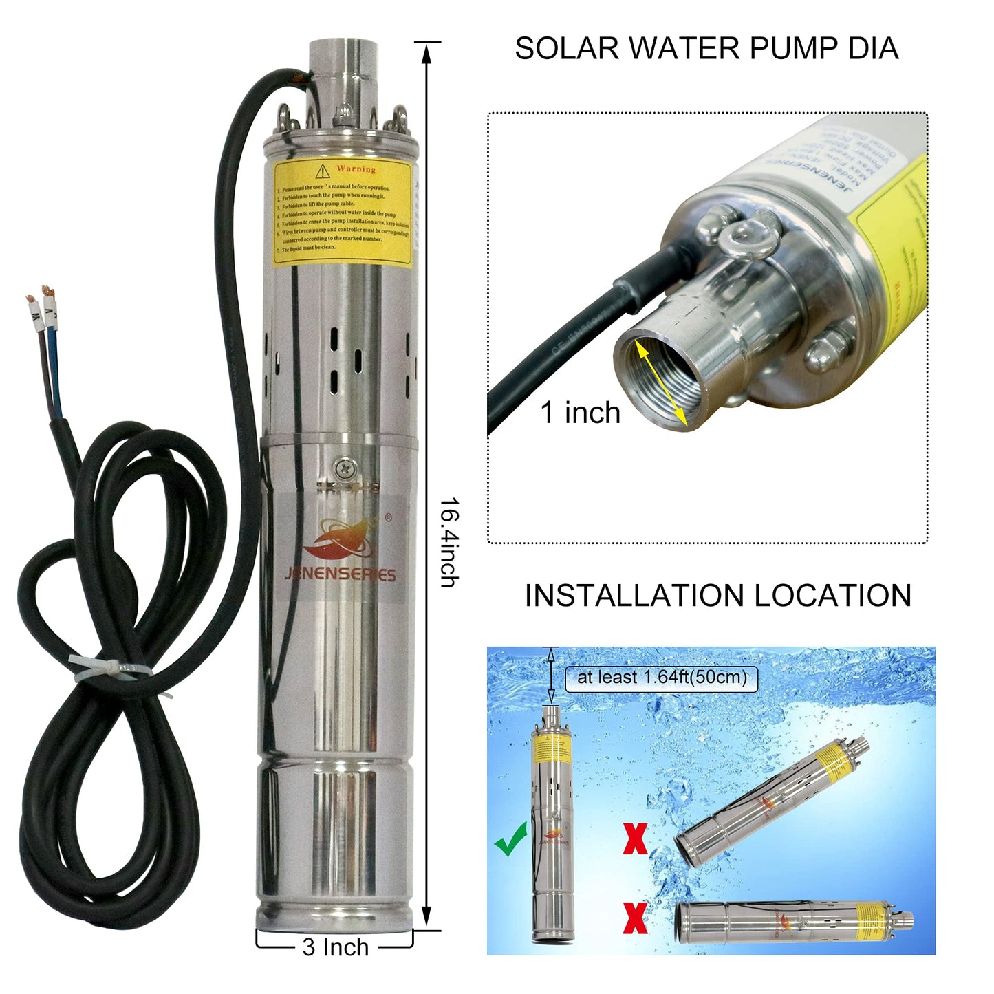 JENENSERIES Pump 500W DC 48V Solar Water Pumps, Max head 393ft,7.9GPM Flow，3 inch Solar deep well submersible Pumps with MPPT controller float switch kits for home or farm