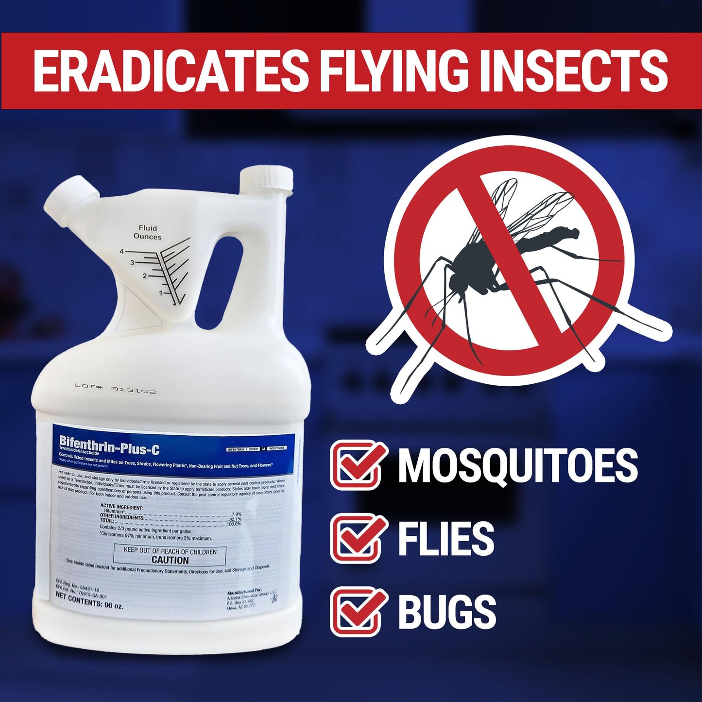 Bifenthrin-Plus-C Insecticide (96 oz) - Roach Killer Indoor Infestation, Termite Treatment, Ant Control & Wasp Spray - Home Pest Control, Residential, Commercial, and Industrial Use