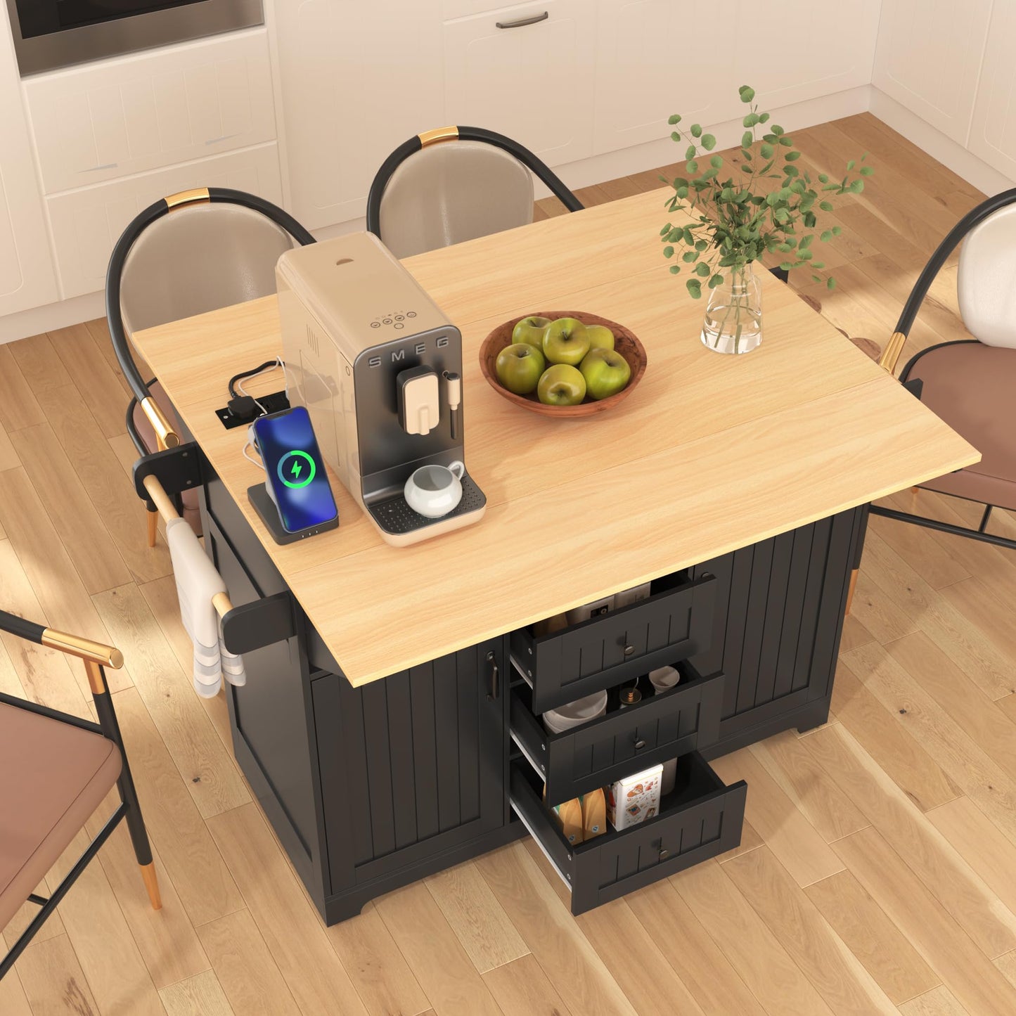 Merax 55.7" Large Kitchen Cart Island on Wheels Foldable Dining Table with 2 Drop Leaf,Power Outlet,3 Drawers,Wood Frame Storage Cabinet