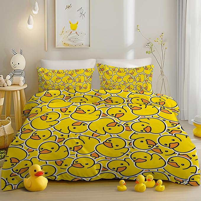 Twin Duvet Cover Set: Kids Yellow Ducks Themed Brushed Microfiber Bedding for Boys Girls Room- Little Plastic Rubber Duck Print Comforter Cover with 2 Pillowcases