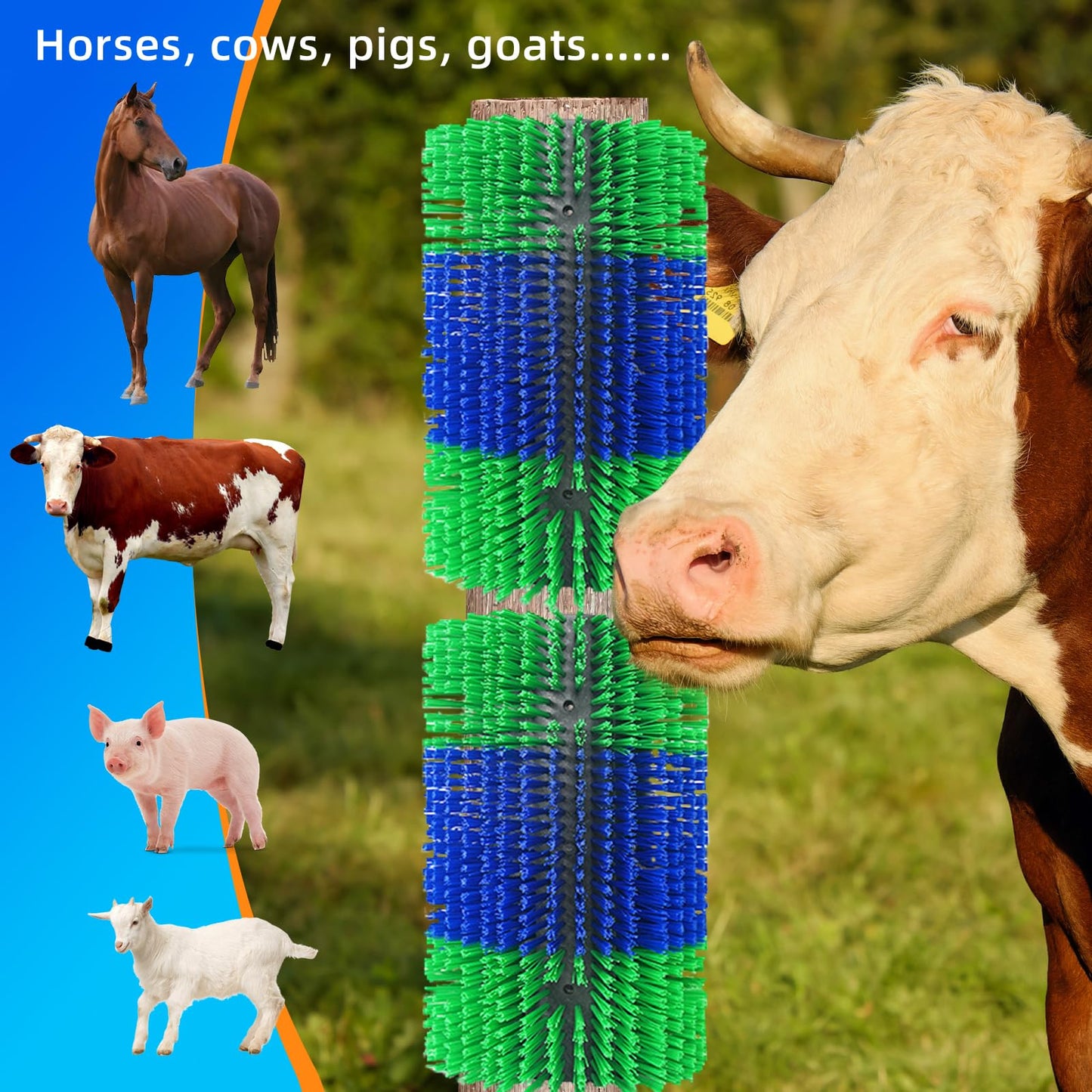 Extra Large Size Livestock Scratching Brush, Upgraded Horse/Goat/Cow/Cattle Scratcher Brush for Grooming, Itch Relief Horse Scratcher Brushes Kit with Two Sets of Mounting Screws(1-Pack,Green)