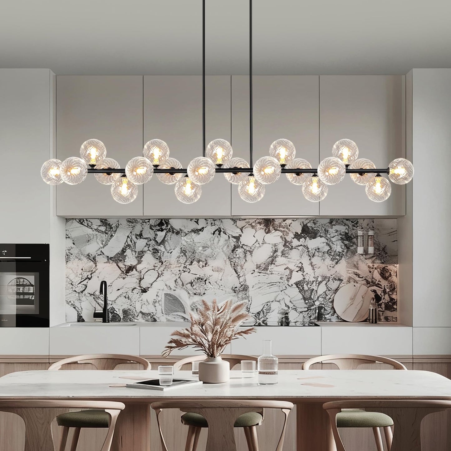 Lzawvm Modern Linear Chandeliers for Dining Room 70 Inhch Sputnik Linear Chandelier Clear Striped Glass Globe Pendant Light for Kitchen Island, Farmhouse, Living Room, Dia 70 Inch