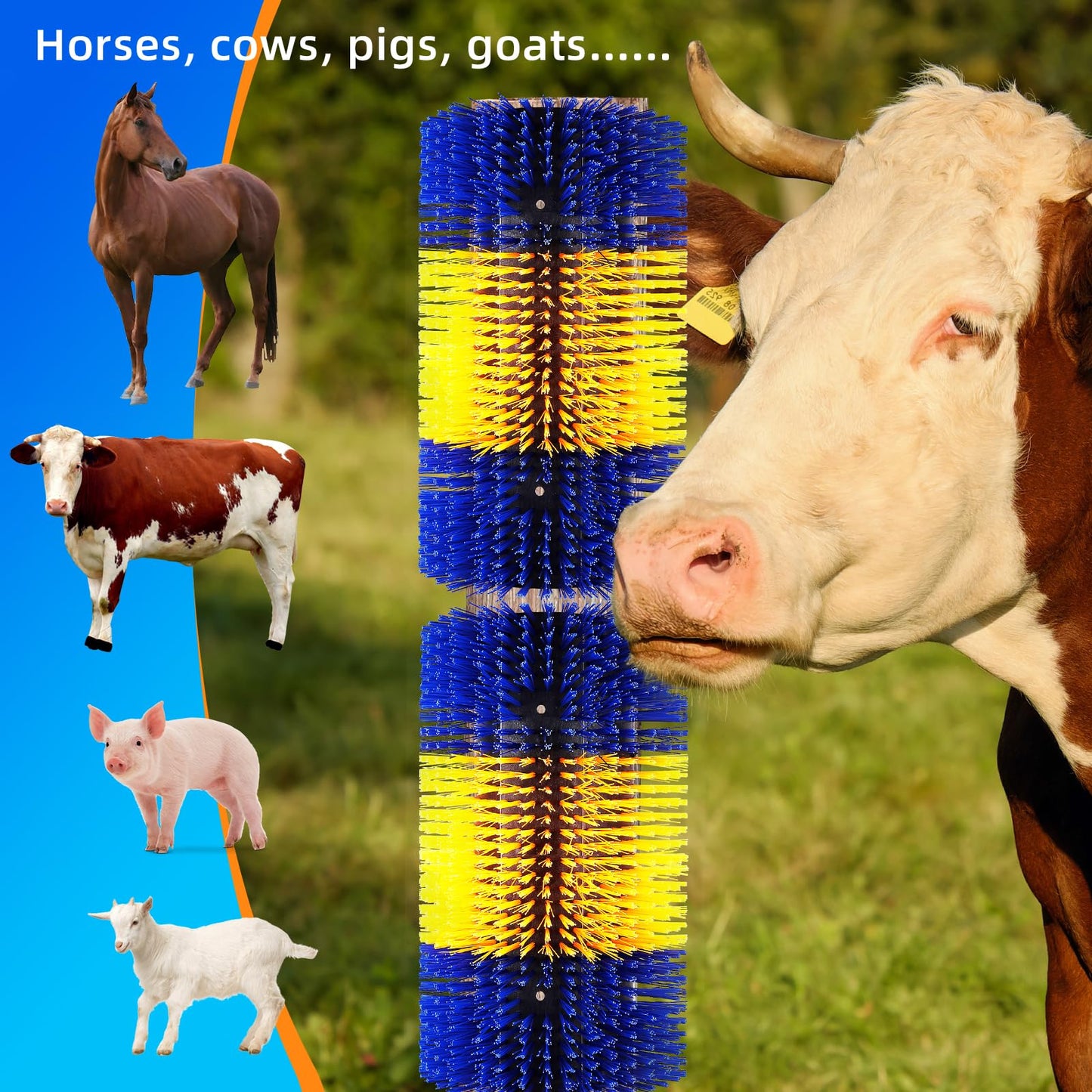 Extra Large Size Livestock Scratching Brush, Upgraded Horse/Goat/Cow/Cattle Scratcher Brush for Grooming, Itch Relief Horse Scratcher Brushes Kit with Two Sets of Mounting Screws(1-Pack,Yellow)