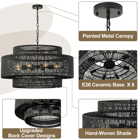 Giutna 31.5"Large Boho Rattan Farmhouse Chandeliers for Dining Room,8-Light Rattan Hand-Woven Rustic Drum Chandelier Pendant Light Fixture for Kitchen Island Bedroom Living Room Entryway Foyer(Black)