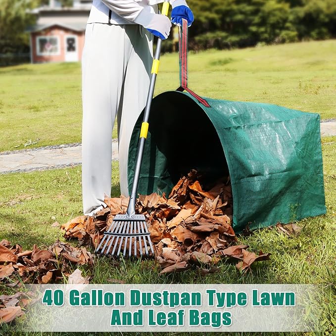 2 Pack Reusable Yard Waste Bags - 40 Gallon Dustpan Type Lawn And Leaf Bags, Heavy Duty Garden Bags With Adjustable Metal Leaf Rake,Gardening Gloves,Garden Waste Bag With Handles,Camping Recycling Bag