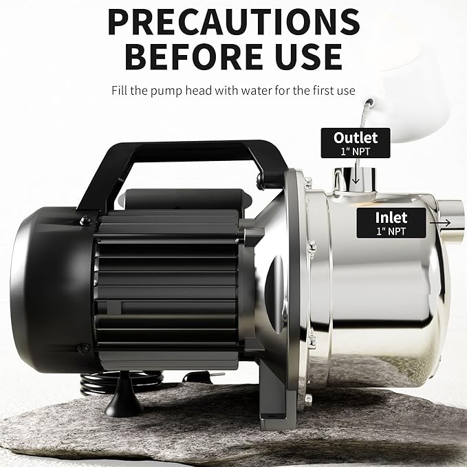 LANCHEZ 1 HP Portable Shallow Well Garden Pump, 1294 GPH Stainless Steel Sprinkler Pump, 115V Water Transfer Draining Irrigation for Lawn
