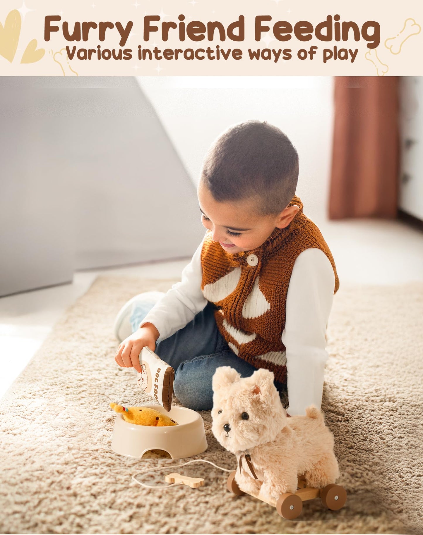 ROBOTIME Pull Dog Toy for Toddlers, Puppy Pet Care Pretend Play Set with Stuffed Animal, Dog House & Accessories, Walking Pull Along Toy, Educational Plush Gift for Boys and Girls