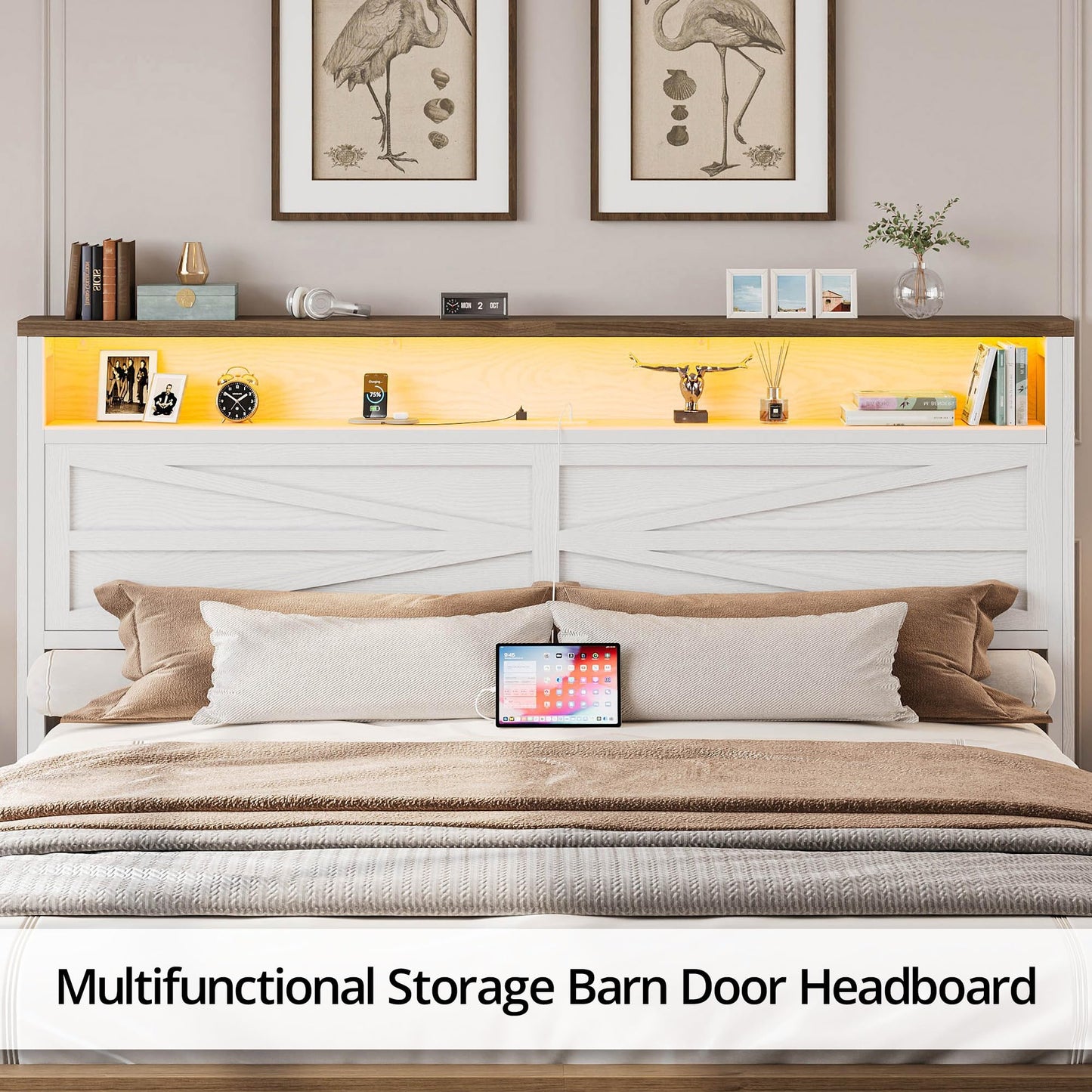 IRONCK Farmhouse King Size Bed Frame with LED Light and Charging Station, Wood Bed Frame with Storage Headboard and 2 Drawers， Barn Door Design, Sturdy and Noiseless, White