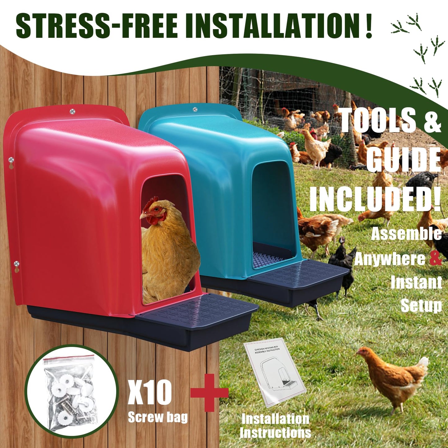 Yckcrc Nesting Boxes for Chickens - 10 Pack Roll Away Nesting Boxes Chicken Coop with Perch, Durable Plastic Chicken Laying Box with Pull Out Egg Tray, Poultry Farm & Hen House Accessories