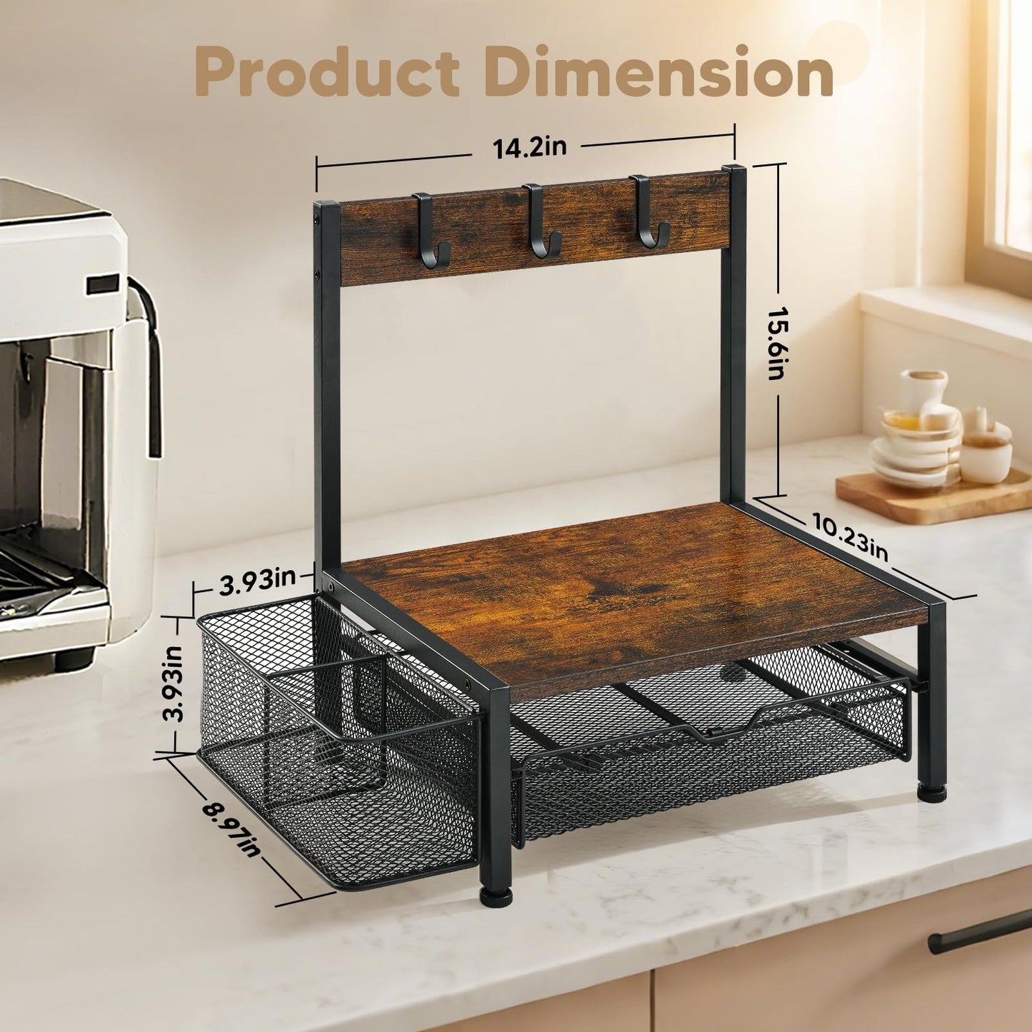 DGWJSU Tea Bag Organizer, Wood Tea Organizer and Storage Cheast, Tea Bag Holder with Storage Drawer, 4 Hooks for Tea Cups Holder, Tea Station Chest Display Container Box for Countertop Kitchen, Brown