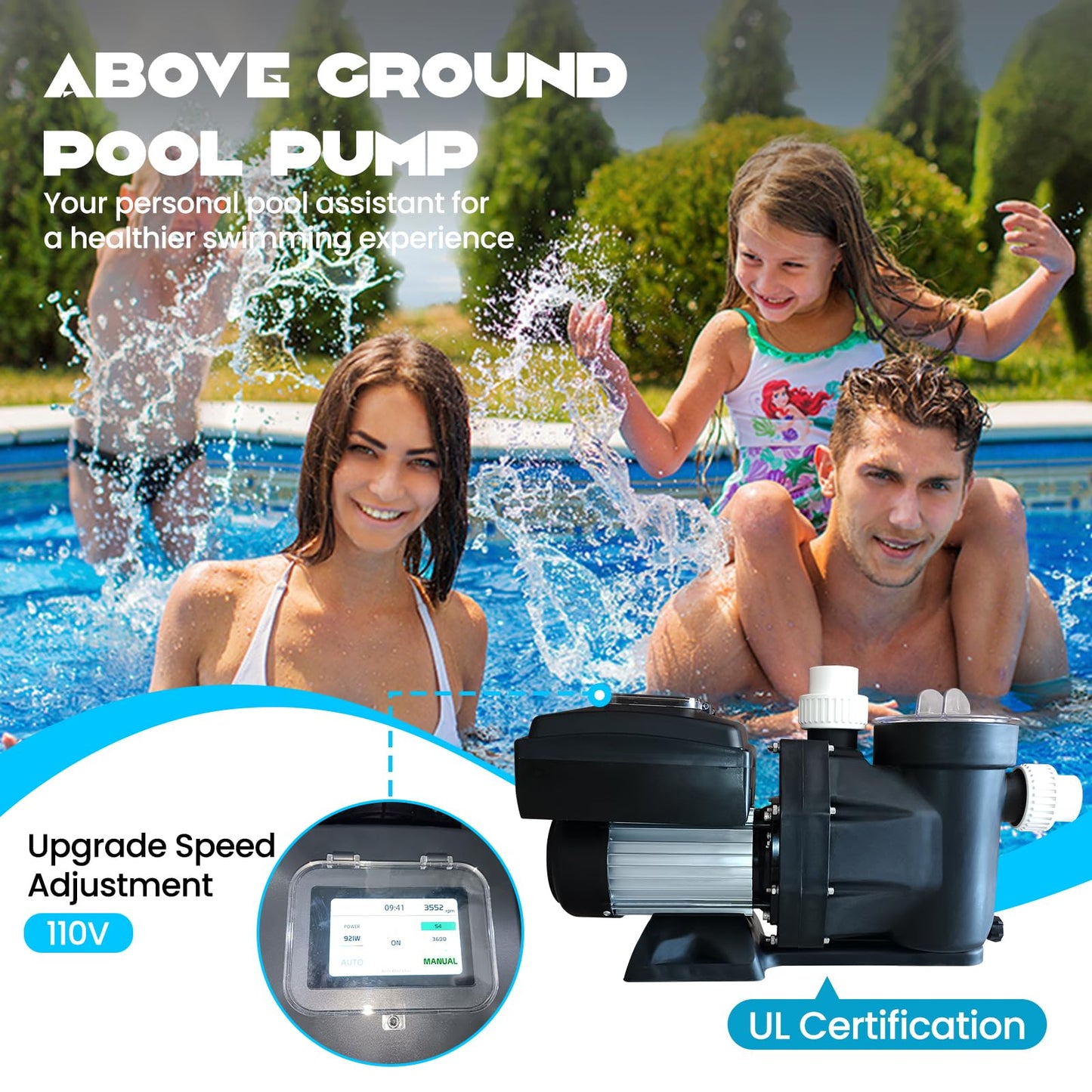 1.5HP Above/In Ground Pool Pump – Variable Speed 3000-9000 GPH, 110V Self-Priming Pump with 1100W Powerful Copper Motor, Quiet Operation, and Control Screen