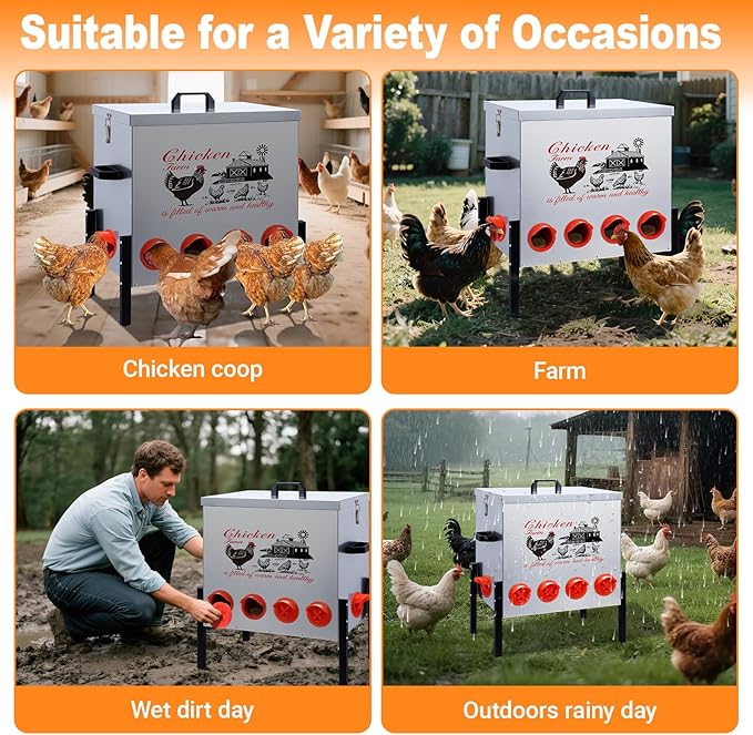100LB Large Automatic Chicken Feeder–10 Feeding Ports No-Waste Galvanized Metal Chicken Feeder Box with Adjustable Legs & Locking Lid Poultry Feeder for Chickens,Ducks,Geese,Rust-Resistant