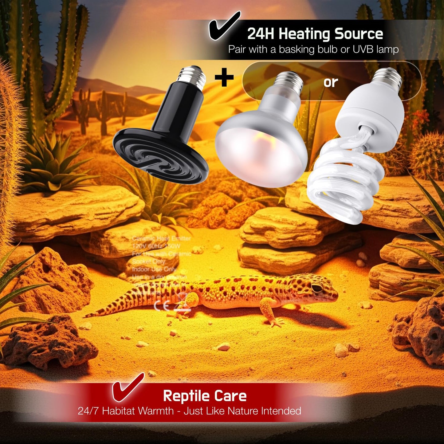 Reptile Heat Lamp, 150W Ceramic Heat Emitter for Bearded Dragon, Snake, Turtle, Ball Python & Chicken Coop, 24/7 Safe Heat Source, Durable Heat Light Bulb Reptile Tank Accessories