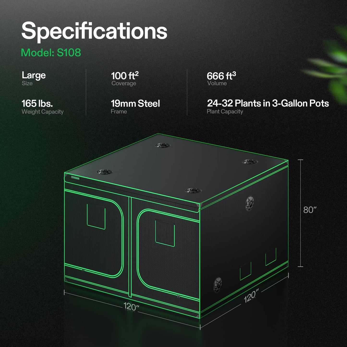 VIVOSUN S108 10x10 Grow Tent, 120"x120"x80" High Reflective Mylar with Observation Window and Floor Tray for Hydroponics Indoor Plant for VSF6450