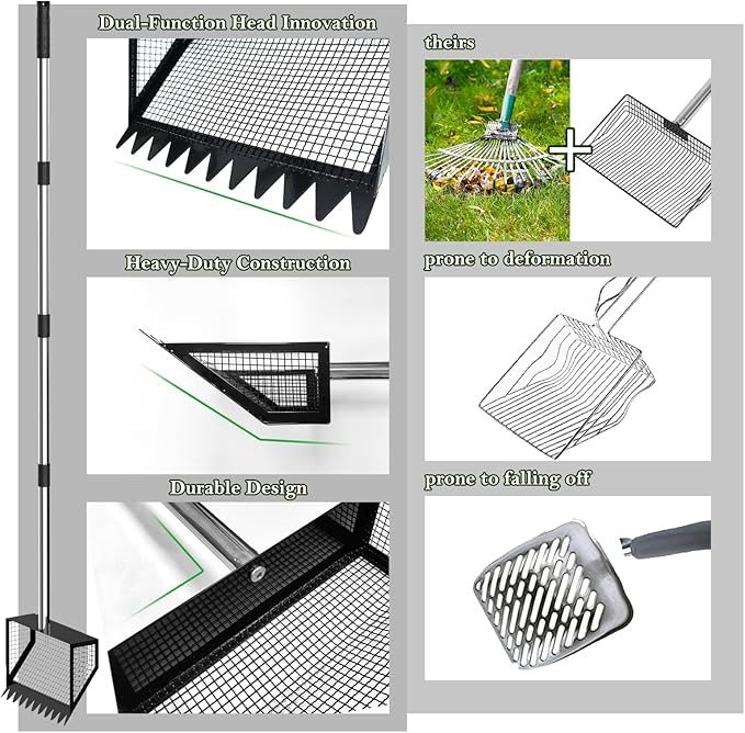 Chicken Coop Rake and Scoop 2-in-1 Chicken Poop Scooper 62" Adjustable Stainless Steel Sifting Shovel for Sand,Animal Waste Heavy Duty Dog Pooper Scooper for Coops & Pets