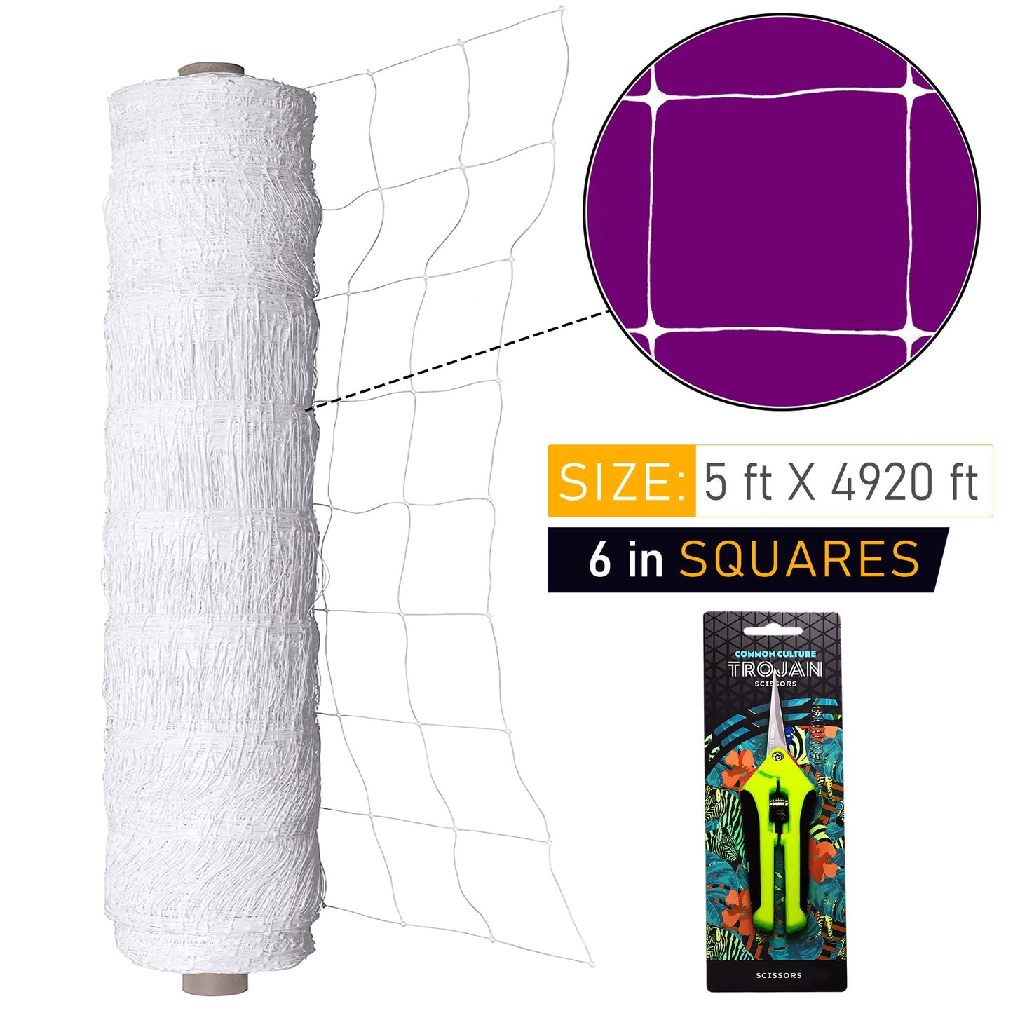 COMMON CULTURE Professional Grade Trellis Netting Bulk Roll, 5 x 4920 ft (60" x 4920' | 1.52m x 1500m), 6' (15 cm) Squares Heavy Duty Scrog Net with Scissors