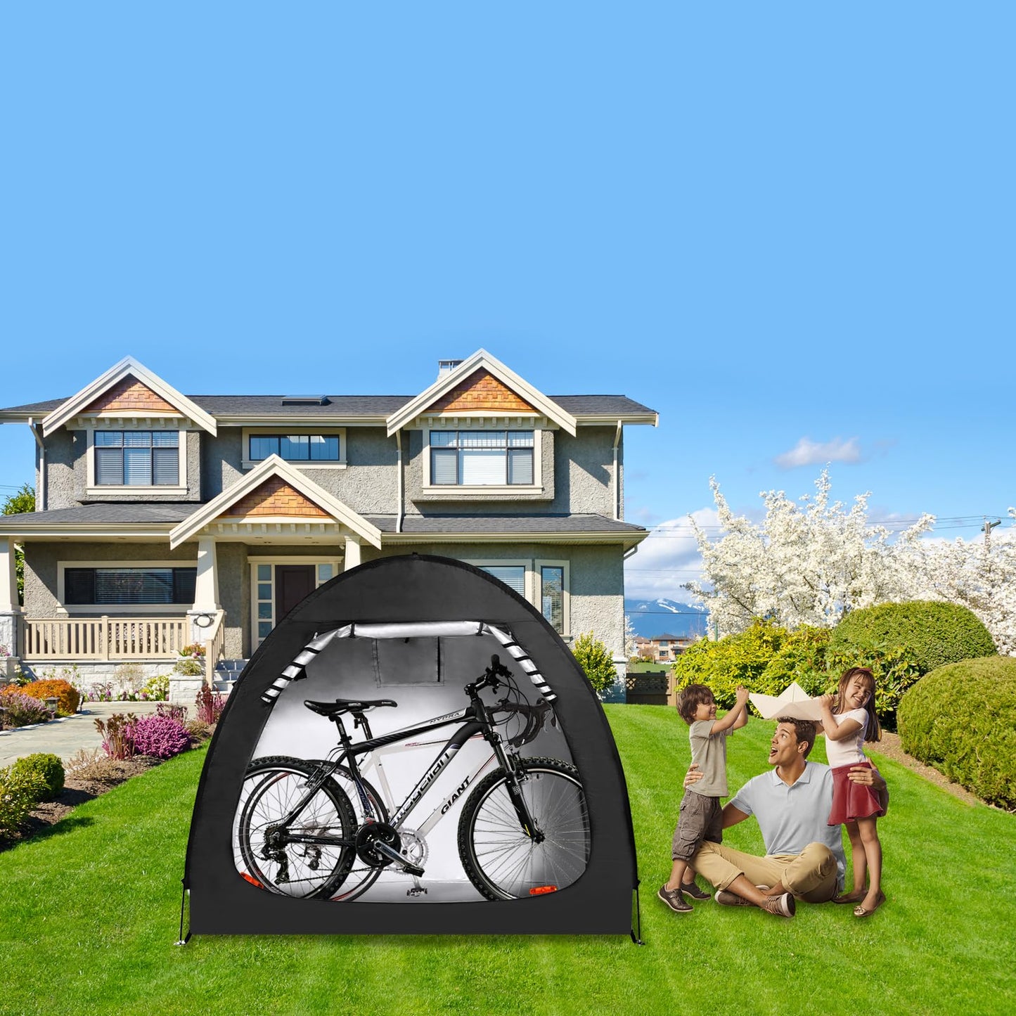 AXABING Outdoor Bike Storage Shed Tent, Portable Bicycle Motorcycle Storage Shed with Spare Pole and Rain strip for 2 Bikes, PU4000 Waterproof Silver Coated Oxford Bike Cover, Foldable Bicycle Shelter
