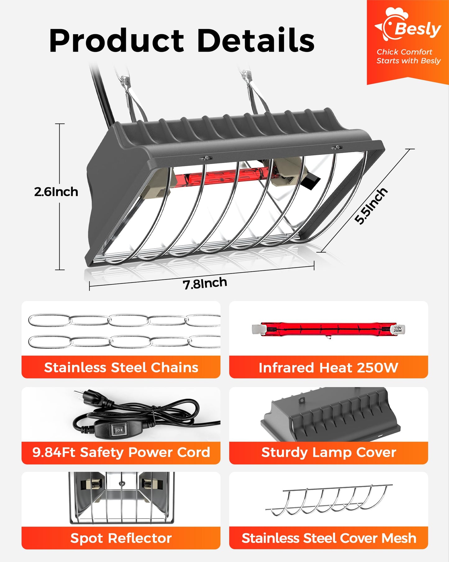 Chicken Heater Replacement Bulb, 250W Infrared Heat Lamp, 110V, 4000-5000 Hours Lifespan, Suitable for Pet and Livestock Brooder Heater Accessories, 1 Pack