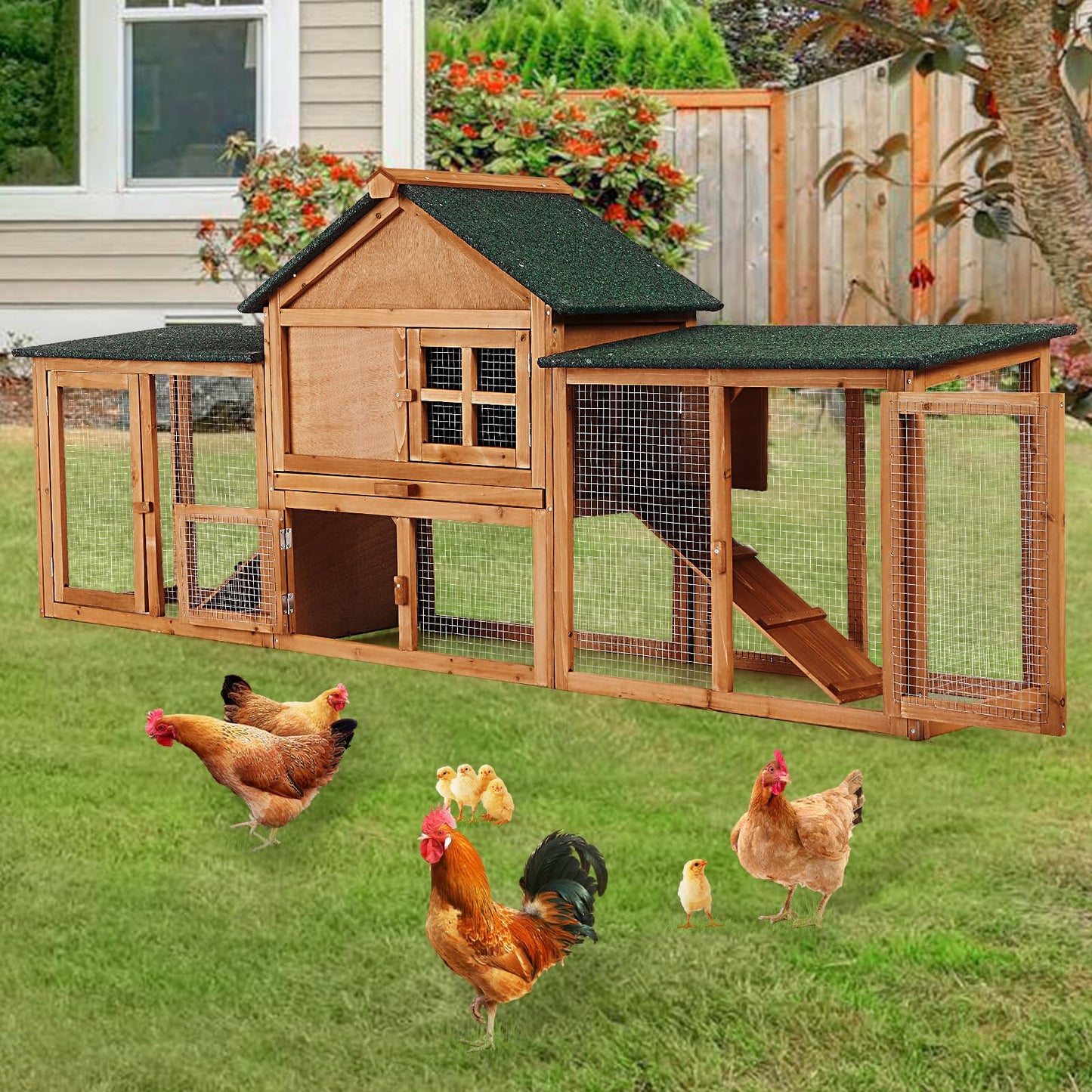 GarveeLife 80in Wooden Rabbit Hutch, Outdoor Chicken Coop, Bunny Hutch Guinea Pig Pet House Bunny Cage with Double Side Runs, Weatherproof Roof, Removable Tray, Ramps for Small Animals