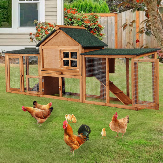 OutdoorVibe 82in Wooden Rabbit Hutch, Outdoor Chicken Coop, Bunny Hutch Guinea Pig Pet House Bunny Cage with Double Side Runs, Weatherproof Roof, Removable Tray, Ramps for Small Animals