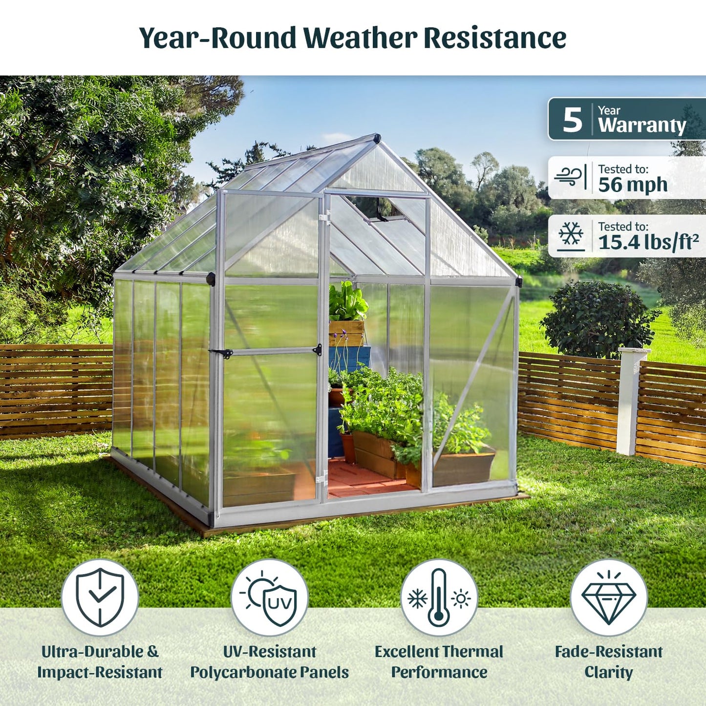 Canopia 6x6 Greenhouse Kit, Hobby Walk-In Twin-Wall UV Polycarbonate Heavy Duty Aluminum Frame, Lockable Door, Adjustable Roof Vent, Rain Gutters, Galvanized Steel Base, Mythos (Silver)