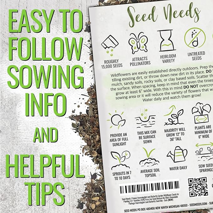 Seed Needs Wildflower Seeds Hummingbird and Butterfly Seed Mix | 10 Packs (1 Ounce Each) No Filler 23 Varieties Garden Seeds Annual & Perennial Species | Pollinator Attracting Flower Seed | Bulk