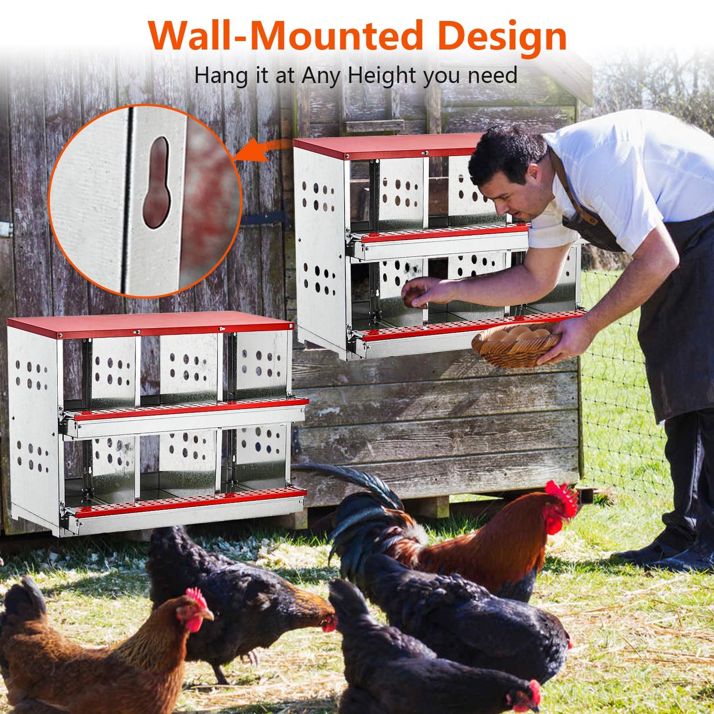Nesting Boxes for Chickens, 6 Compartment Roll Out Away Chicken Nesting Boxes for Laying Eggs, Nesting Gift Boxes for Hens Duck Poultry, Metal Heavy Duty Chicken Coop with Perch