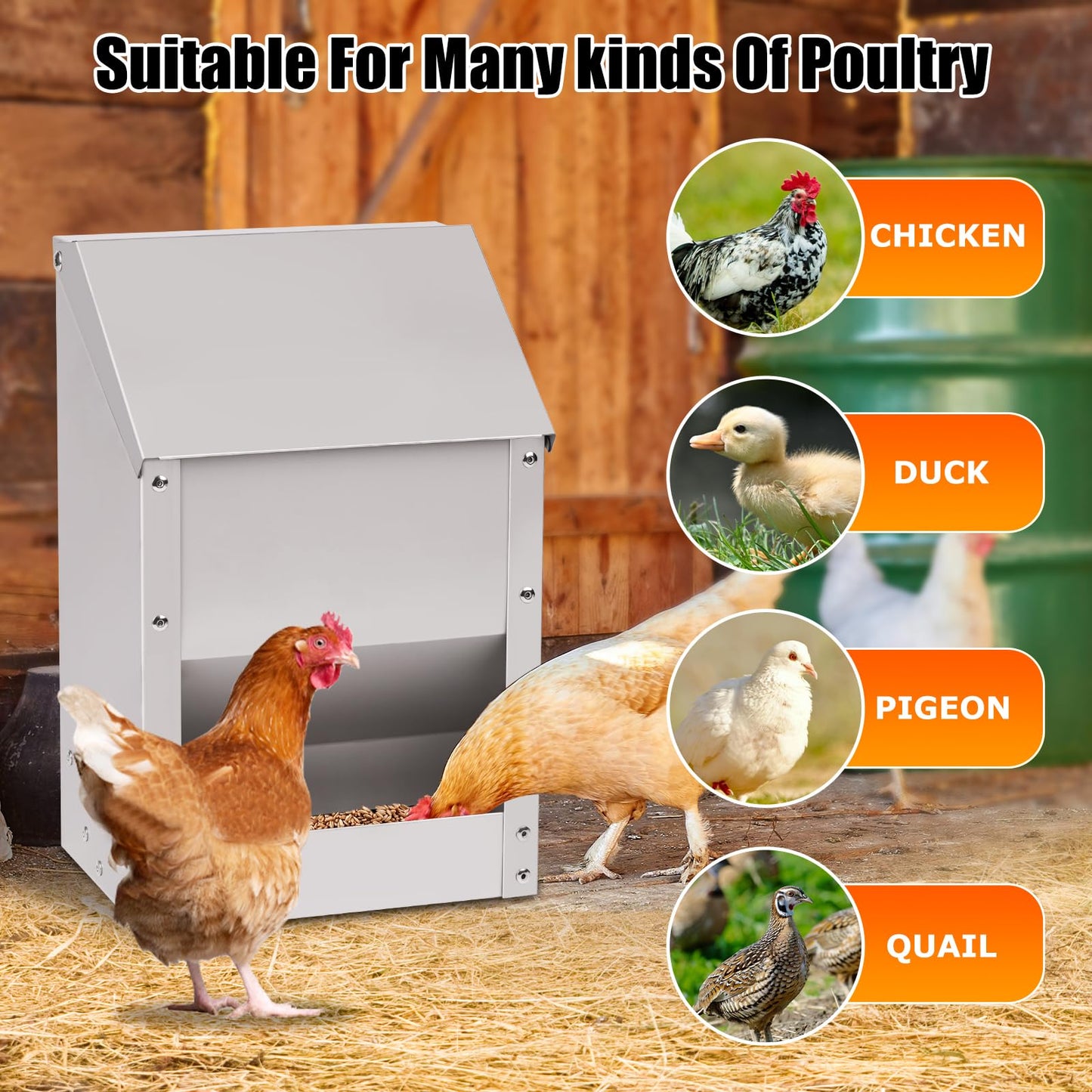 JLUHYANN Automatic Chicken Feeder 10lb Metal Poultry Feeder with Lid No Waste Duck Feeder Wall Mounted Chicken Feed Dispenser with Scoop for Chickens Ducks Goose Poultry (Small Size)