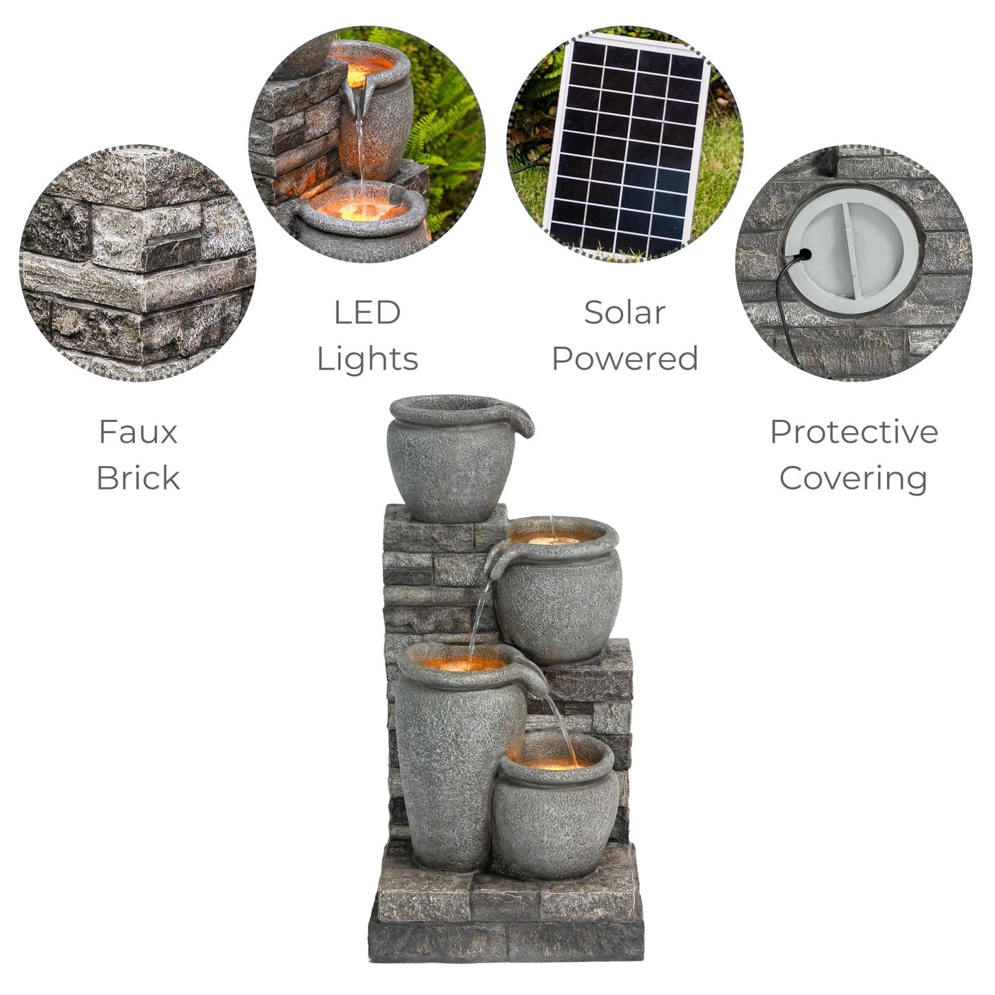 Teamson Home 30.7" 4-Tier Cascading Bowl Solar Powered Water Fountain for Outdoor Living Spaces, Gray