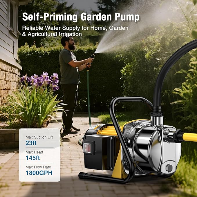 CrestWave Water Transfer Pump 1.6HP 1800GPH 110V Electric Portable Shallow Well Jet Pump Sprinkler Pump Irrigation Pump for Lawn Garden Irrigation Drainage with Iron Stand Handle Adapters