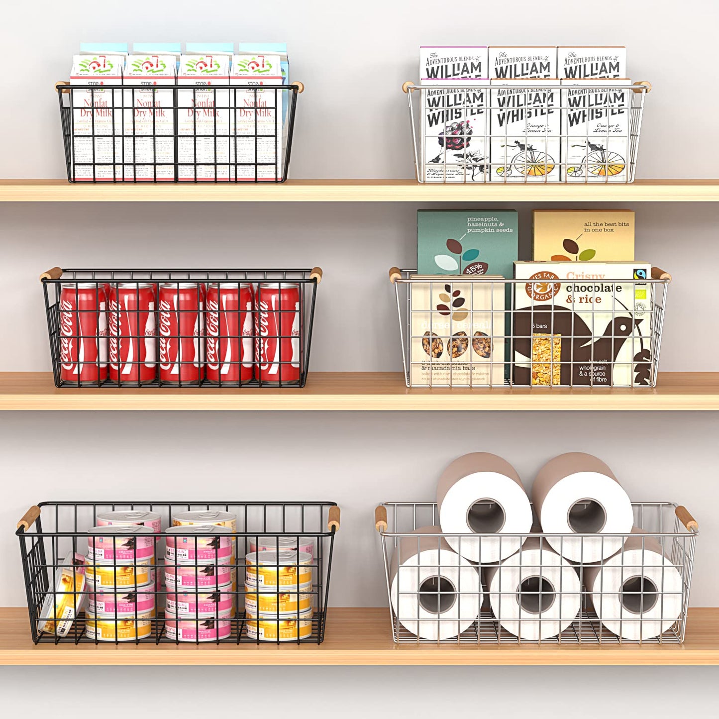 YOUVIP 3 Pack Wire Storage Baskets for Organizing,Household Pantry Storage Freezer Baskets with Wooden Handles,Metal Storage Baskets for Bathroom, Laundry, Garage，Sliver