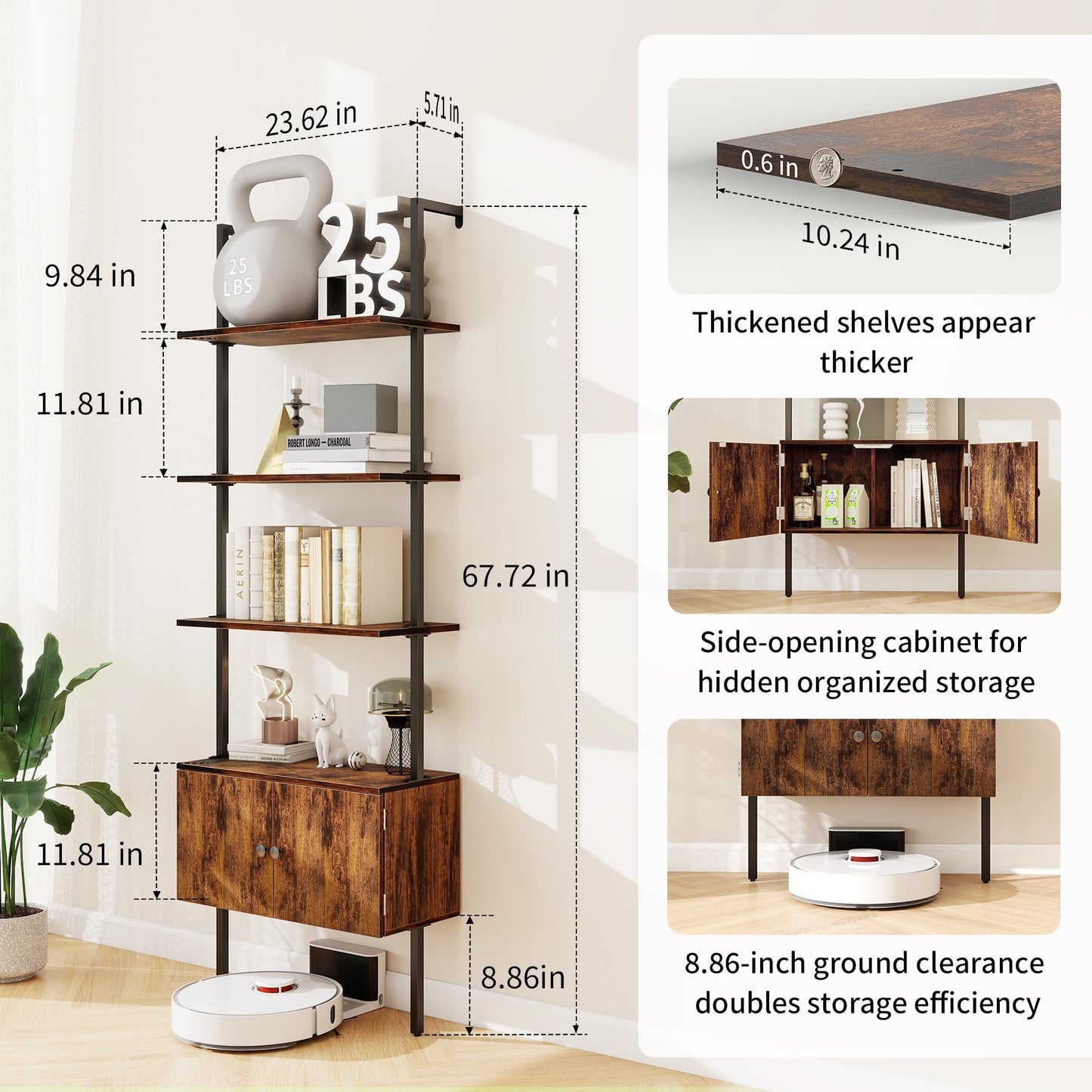 CAMOAT 4-Tier Ladder Bookcase,Wall Mounted Bookshelf with Cabinet:Space-Saving Corner Storage Shelves,Blanket Ladder&Bathroom Wall Shelf,Open Industrial Shelf -Maximize Living Room,Bedroom,Home Office