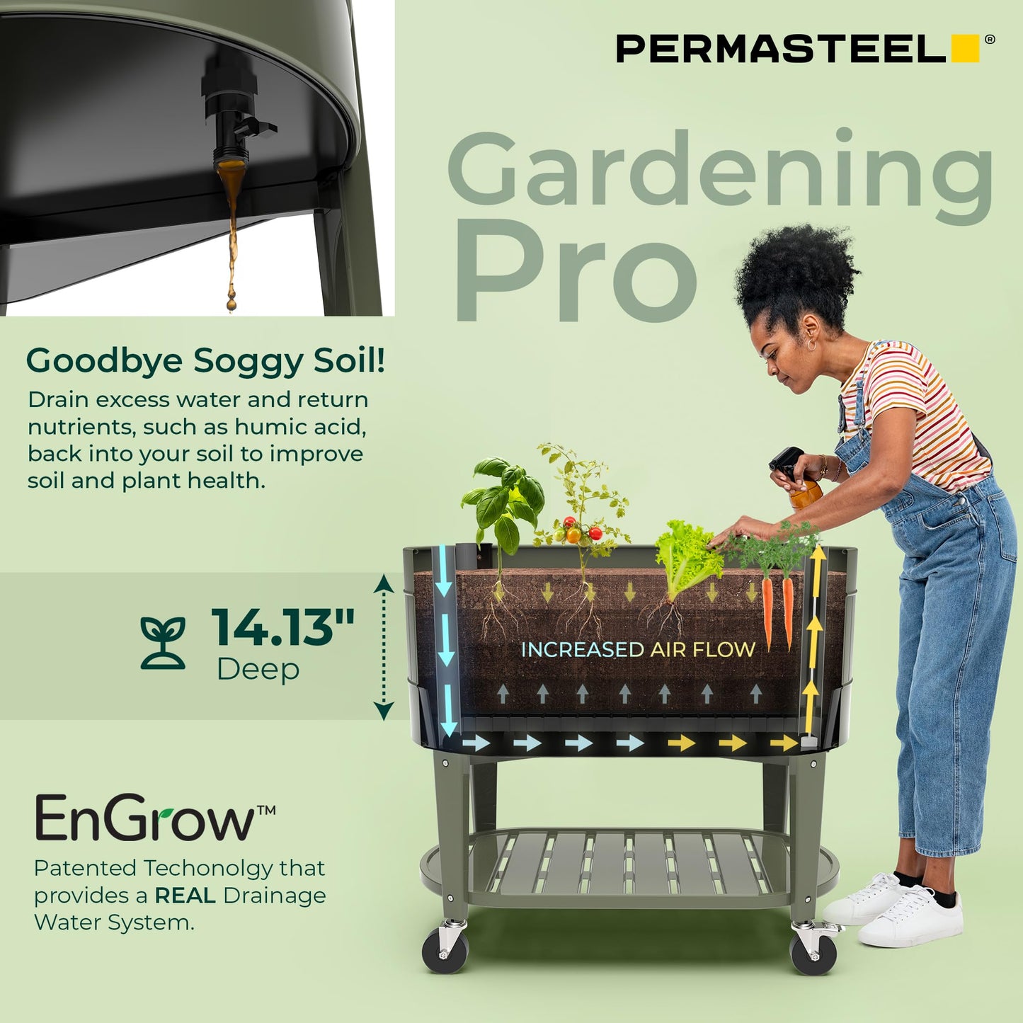 Permasteel Raised Garden Bed with Legs, 40×20×37 in, Planter Box with EnGrow™ TrueSoil™ Technology for Vegetables, Flowers, Herbs, and Fruit, Outdoor Indoor, Storage Shelf, Green