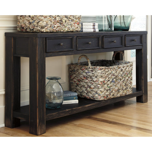 Signature Design by Ashley Gavelston Rustic Sofa Table with 4 Drawers and Lower Shelf, Weathered Black