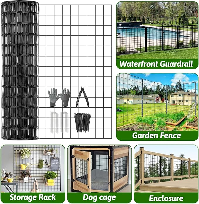 24 in x 59 Ft Welded Wire Fence Black PVC Coated Wire Mesh 2 x 3 in 14GA Garden Fence for Dog Border Fencing Roll Outdoor Animal Barrier Fence with U-Shape Hooks for Yard Plant Vegetable Protection