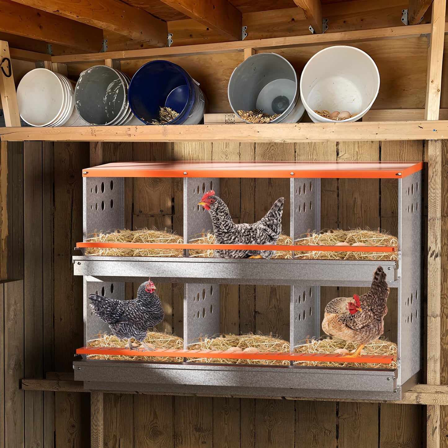 Chicken Nesting Box, 6 Compartment Metal Nesting Boxes for Chickens Laying Eggs, Rust Proofed Nest Box with Roll Away Egg Collection Laying Box for Chicken Coop