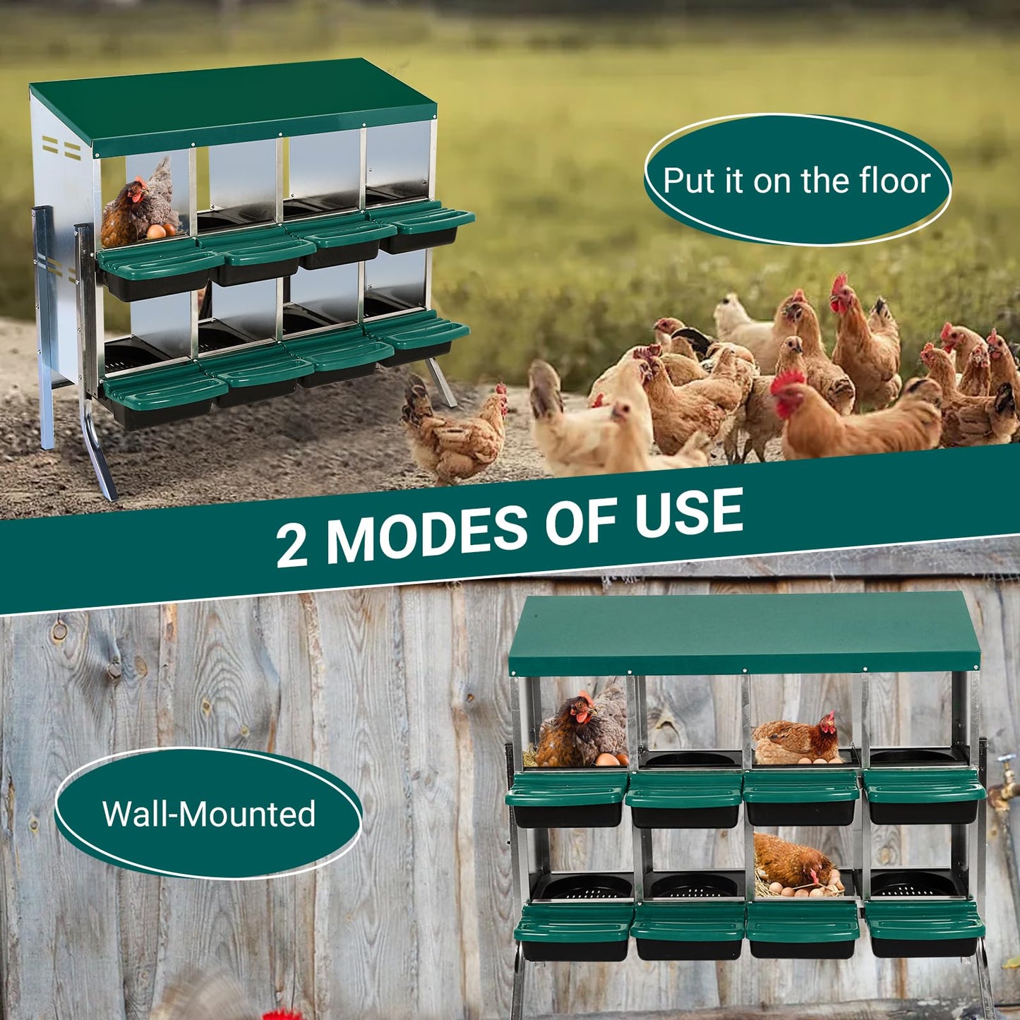 Garvee Chicken Nesting Boxes, 8 Hole Metal Chicken Laying Box with Removable Trays and Roll Out Egg Collection for Chicken Coop, with Metal Legs, Green