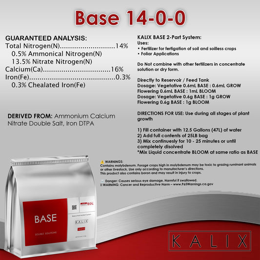 KALIX Base 14-0-0 | Hydroponic Calcium-Nitrogen Fertilizer | Fully Soluble Formula for Veg & Bloom Support | Iron Chelated | Stock Tank Ready | 2-Part System | 25lb