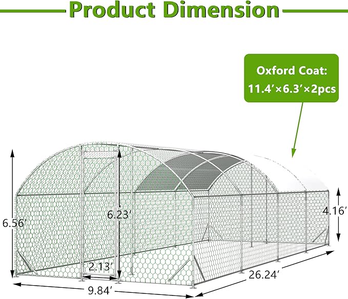 Large Metal Chicken Coop, Walk-in Chicken Run Pen with Waterproof Anti-UV Cover, Dome Roof Poultry Cage for Outdoor, Backyard, Farm (26'W x 9'L x 6'H)