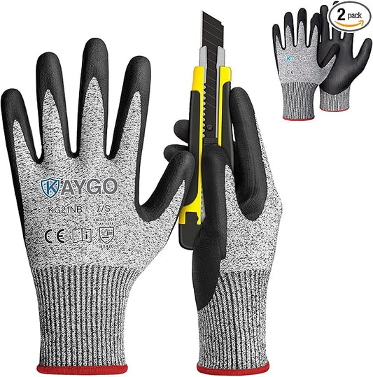 KAYGO 2 Pairs Cut Resistant Gloves for Men and Women, ANSI Cut Level A3 Nitrile Micro-Foam Safety Gloves KG21NB, Durable, Ideal for Wood Carving, Glass Handling, Construction, Fishing, S, Grey