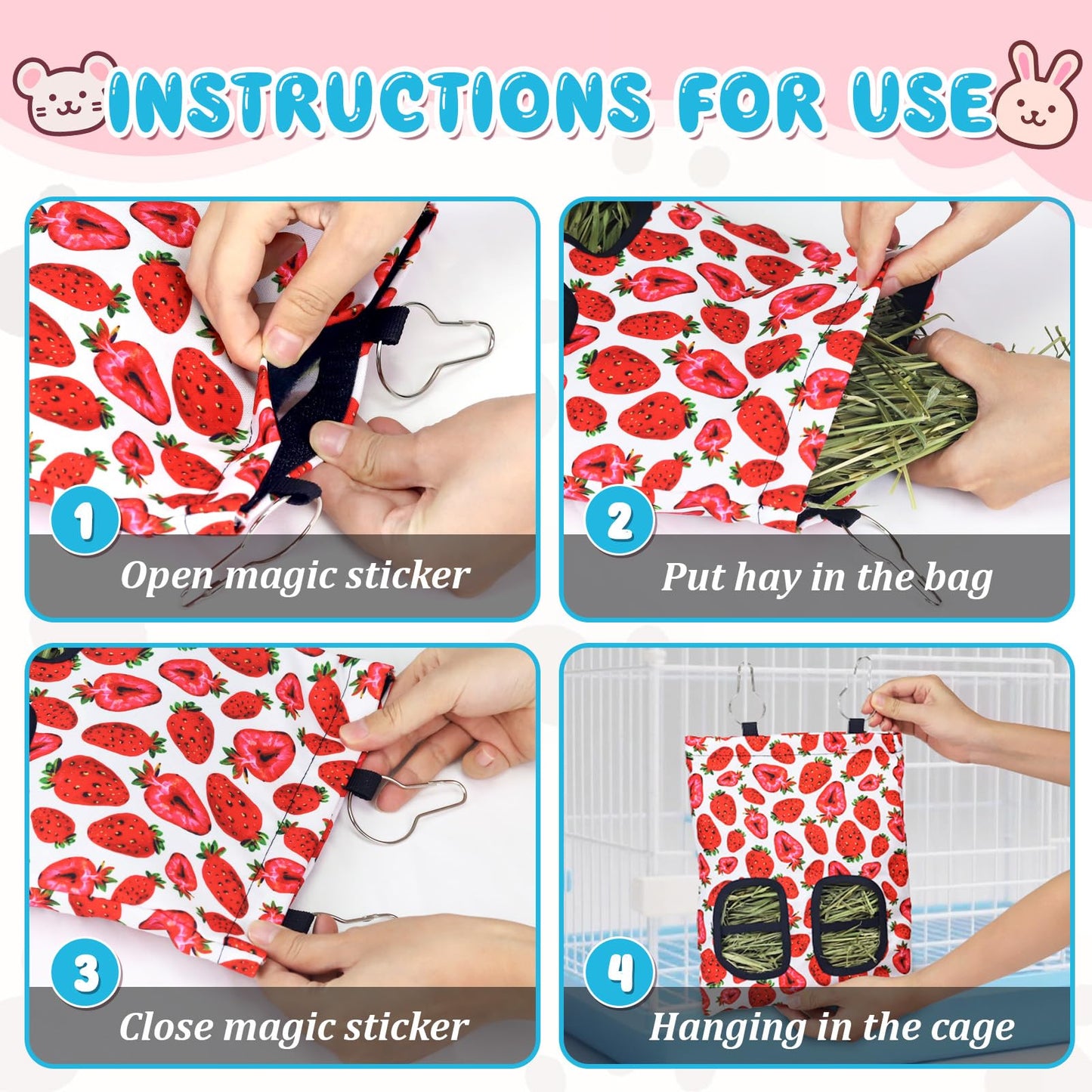 3 Pcs Rabbit Hay Feeder, 2-Hole Hanging Guinea Pig Hay Bags Washable Bunny Hay Bag for Rabbits, Chinchillas, Hamsters, Small Pets and Animals (11.8"×8.7")
