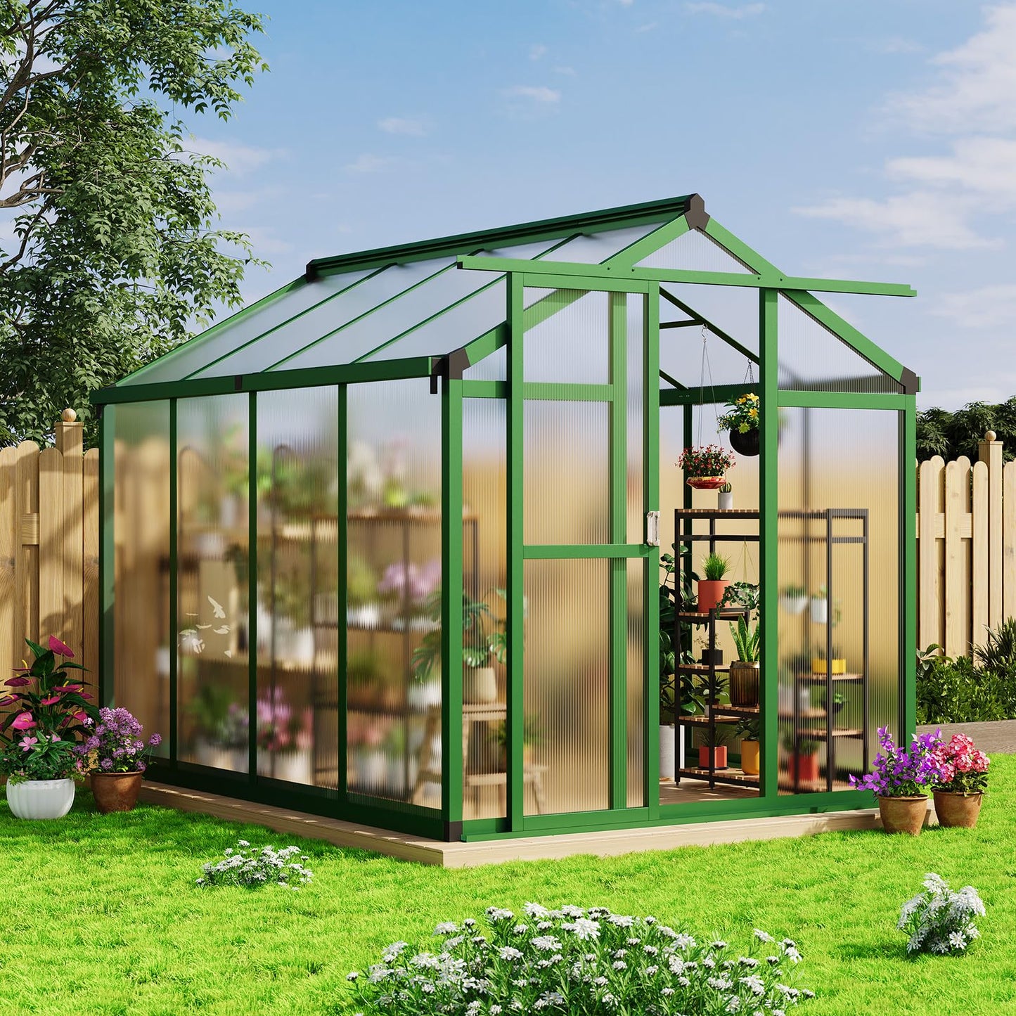 6x8 FT Large Outdoor Greenhouse with Polycarbonate Panels, Roof Vent & Heavy-Duty Aluminum Frame, Aluminum Greenhouses for Outdoors, Walk-in Garden Greenhouse for Backyard, Patio, Lawn, Easy Assembly