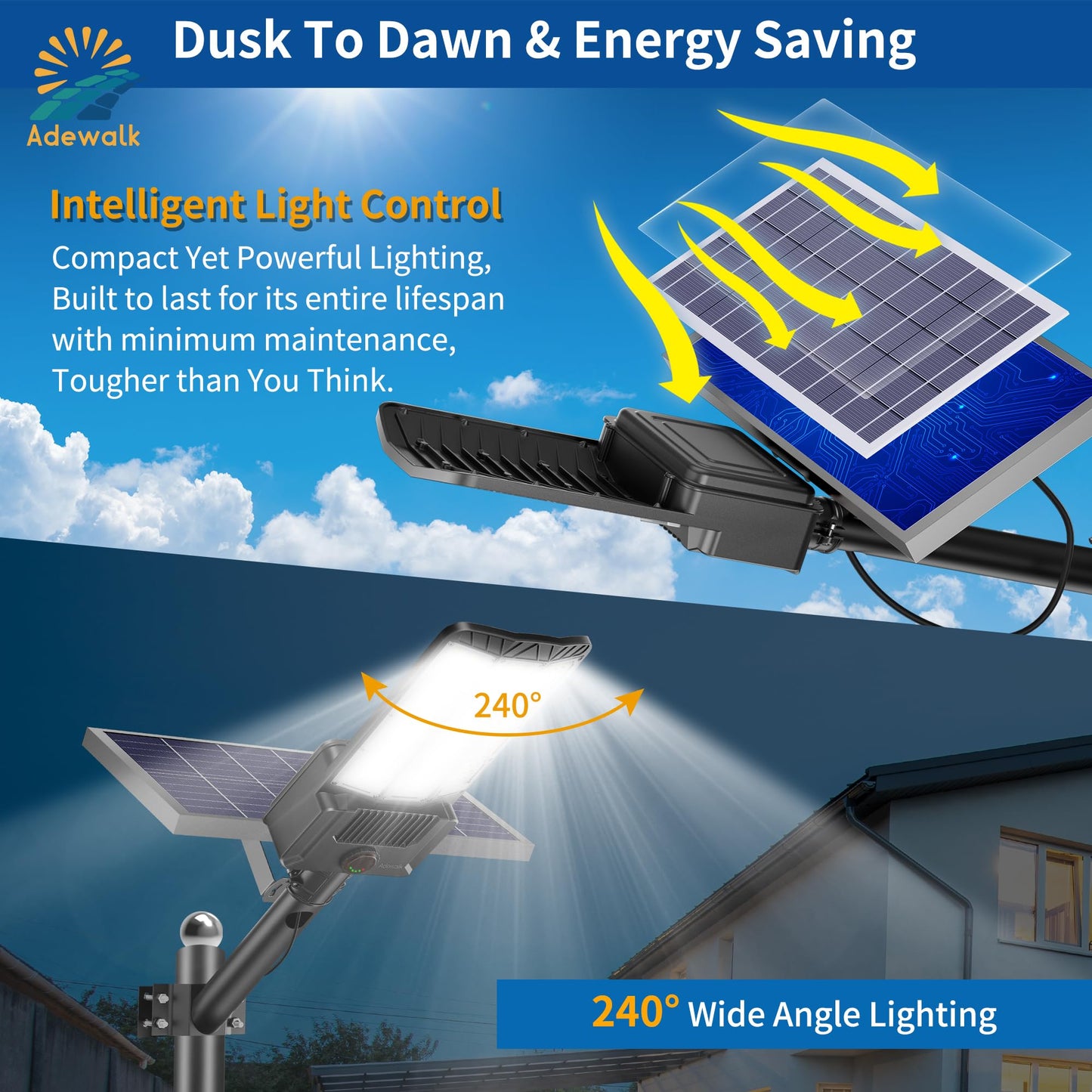 Adewalk 8000W Solar Street Light, Commercial Grade Street Lights Outdoor Dusk to Dawn, Street Lights Outdoor with Motion Sensor and Remote Control, Solar Parking Lot Lights for Yard, Country 2 Pack