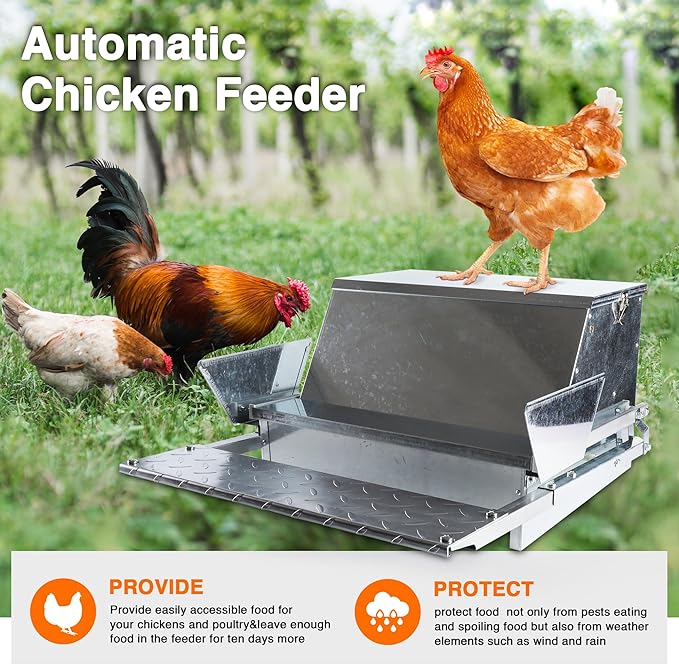 Chicken Feeder Galvanized 25Lbs Capacity Weatherproof Treadle Chicken Feeder Rodent Proof