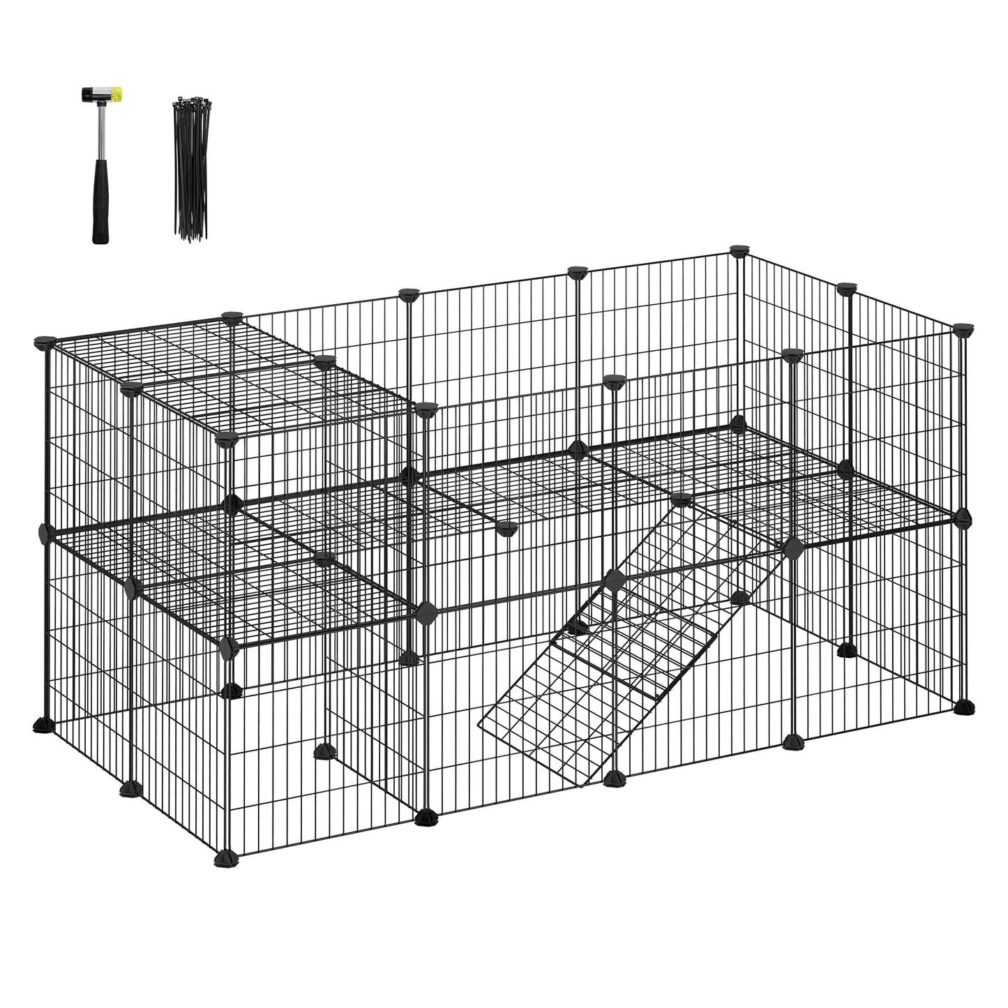 SONGMICS 36 Panels Pet Playpen, Small Animal Playpen, Rabbit Guinea Pig Cage, Zip Ties Included, Metal Wire Apartment-Style Two-Story Pet Premium Villa for Bunnies Puppies,Indoor Use, Black ULPI002B01