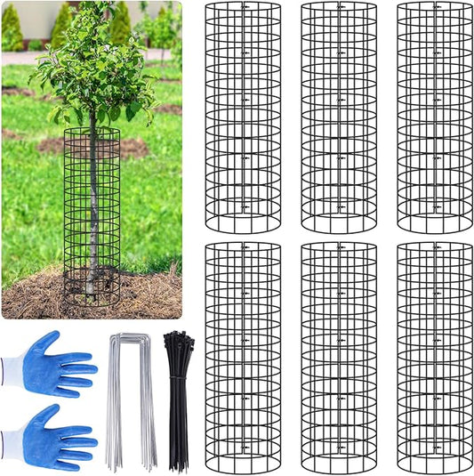Tree Trunk Protector, 6p Metal Mesh Tree Bark Protector with Zip Ties & Metal Stakes, 4.26'' Dia X 16.5'' H Plant Guard Protectors for Preventing Deer Rabbit Rodents Mowers Trimmers (Black)