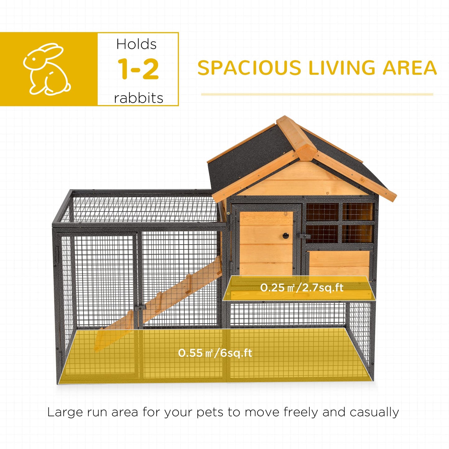 PawHut 2-Level Rabbit Hutch Bunny House with Weatherproof Hinged Asphalt Roof, Removable Tray and Ramp for Outdoor